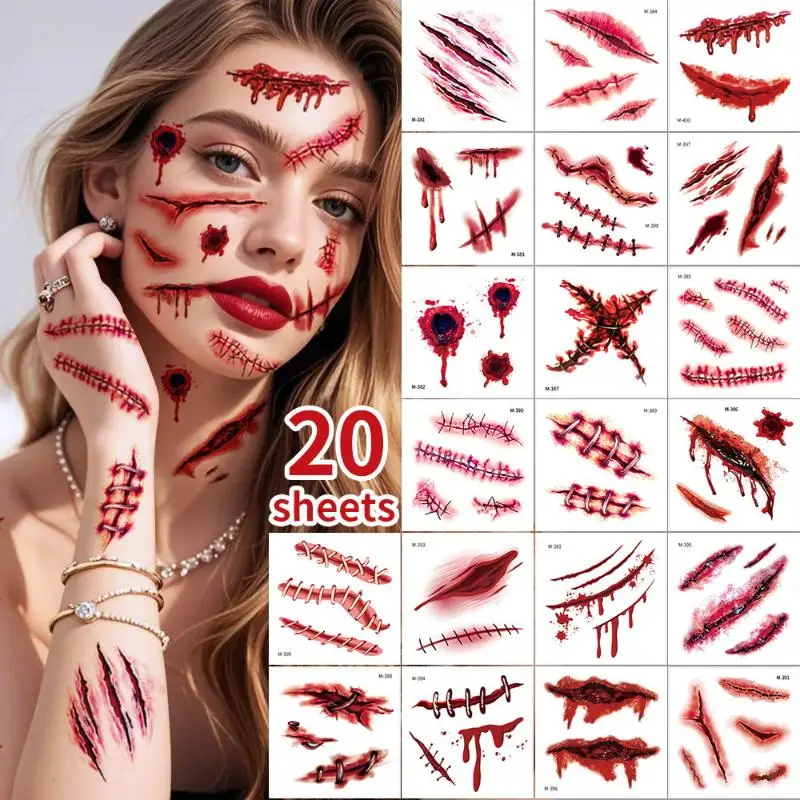 20 Sheets 3D Realistic Scar Tattoos Waterproof Fake Bloody Wound Stickers For Halloween Cosplay Face & Body Makeup Adults​​