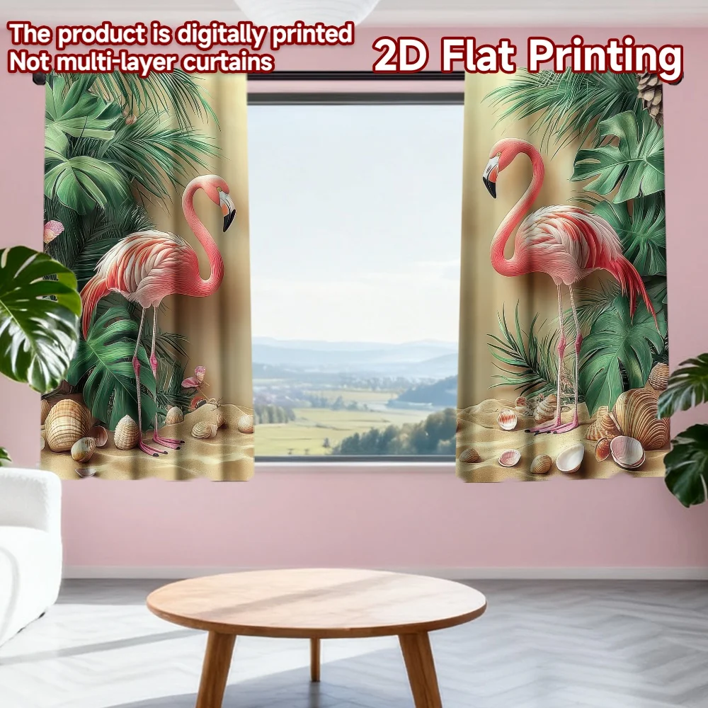 

2D flat printing 2pcs Party Curtains Tropical Flamingos and Seashells Digital Printed Polyester Drapes Seasonal Party & Holiday