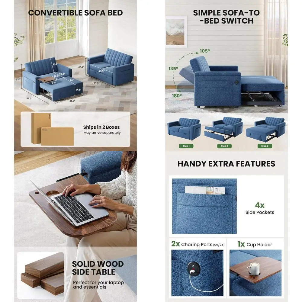 

Раскладной диван-кровать с приставным столиком из массива дерева, выдвижным механизмом, USB-портами и регулируемой спинкой, синий