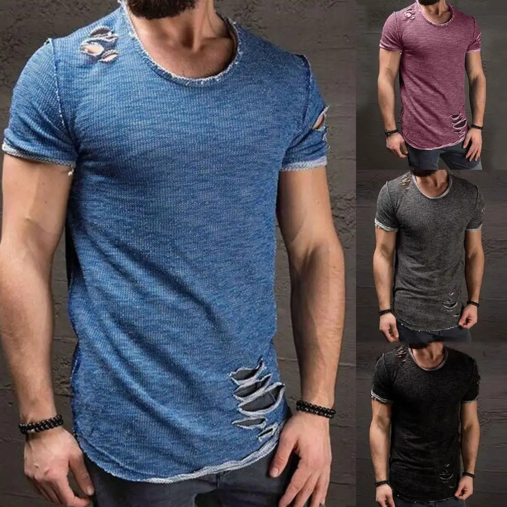 Cotton Blend Stylish Hole Design Top Pullover Cloth Men Shirt Solid Color Casual Short Sleeve T-Shirt Men Clothes for Running