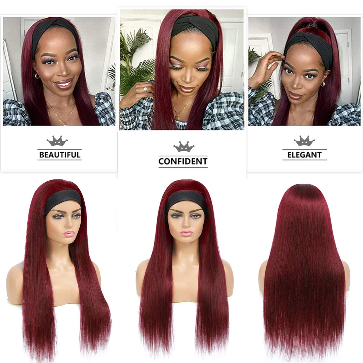 99J Burgundy Colored Wig With Band Bone Straight Headband Wig 100% Human Hair Wine Red Full Machine Made Wig Beginners-Friendly