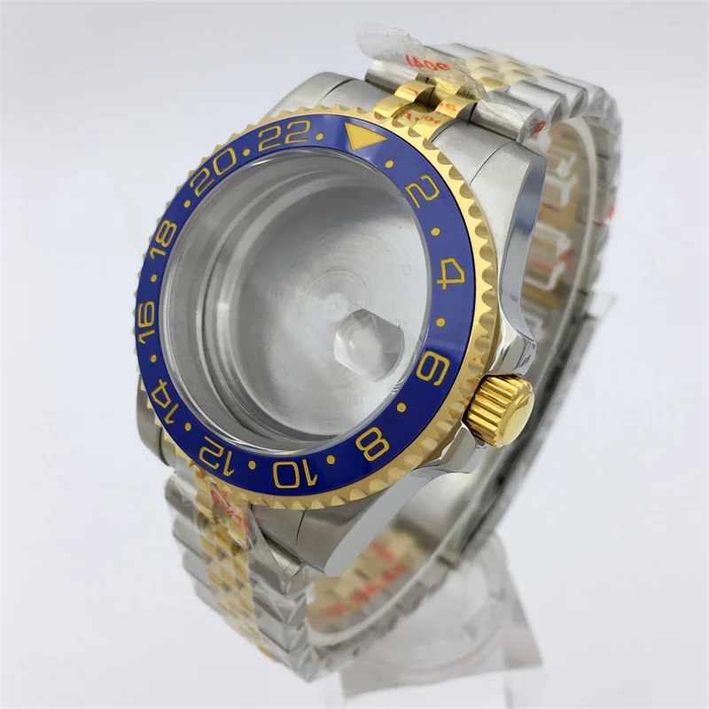 เคสไพลินสีทองเงิน40มม. ฝาเซรามิคสีฟ้าเหมาะสำหรับ NH34 NH35 ETA2824 NH36 PT5000 DG2813การเคลื่อนไหวของ Miyota