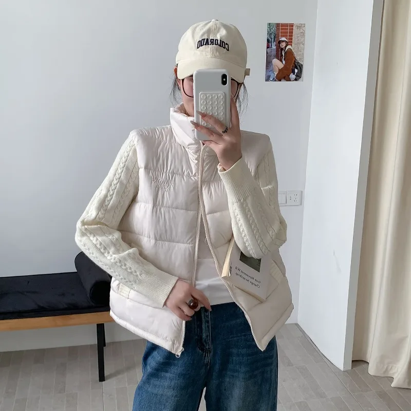 Knit Spliced Letter Puffer Jacket Women Warm Winter Outerwear Stand Collar Color Contrast Loose Boxy Student Bomber Coat New