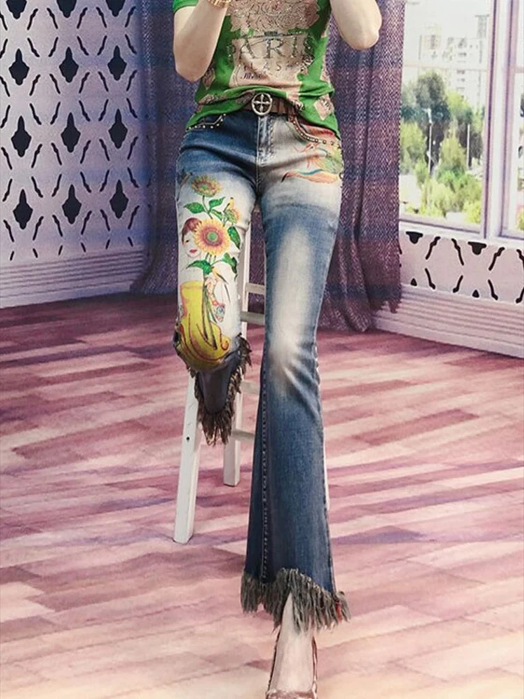 2025 Spring Women Multicolor Floral Long Flare Jeans High street Wide Leg Denim Pants Printed blue elastic women jeans