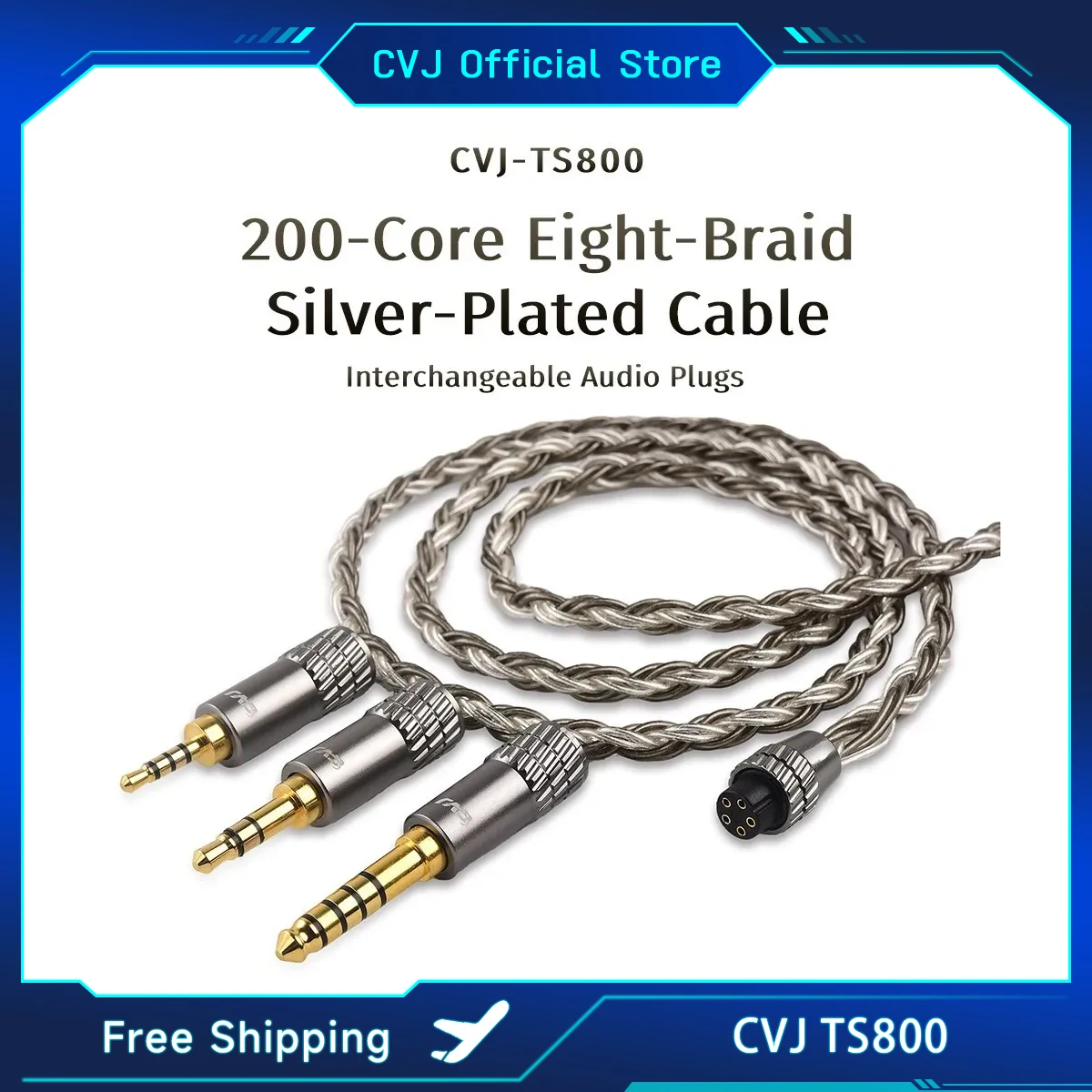 CVJ TS800 200Core Eight-Braid Silver-planted Upgrade Audio Cable Earphones HIFI Audio Wire 2.5/3.5/4.4mm Switchable Plug S-2Pin