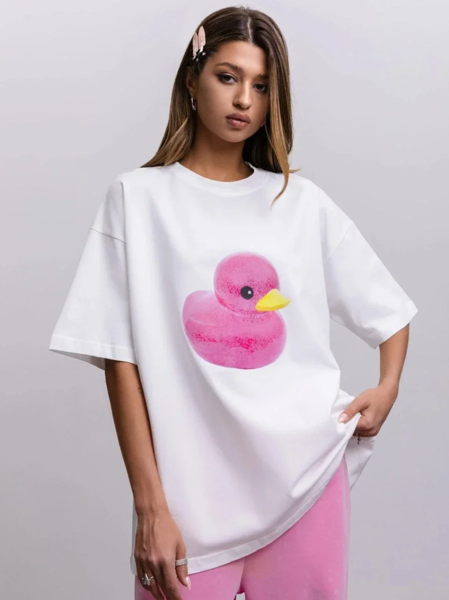 

Summer American Retro Ins Cotton Duck Print T-shirt for Women Fashion O-neck Loose Casual Y2k Personality Hip-hop Cute Top