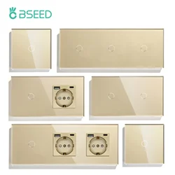 BSEED EU Standard 1/2/3Gang Touch Switches 1way Light Sensor Switch With USB Sockets Wall Sockets Type-C Ports Glass Panel