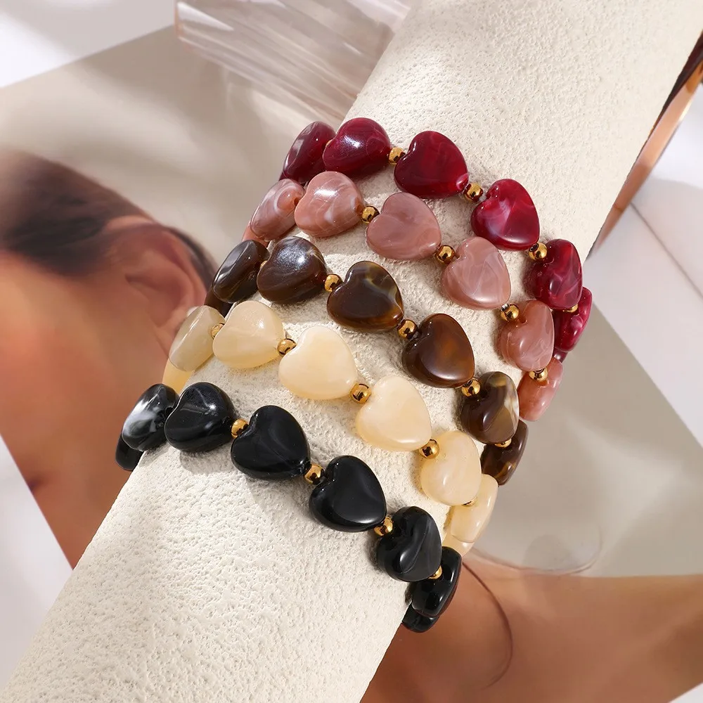 Vintage Heart Shape Resin Bead Stretch Bracelet Multicolor Love Elastic Bangle Stackable Boho Women Jewelry