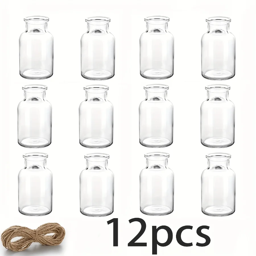 Conjunto de Vasos de Vidro 6/12 Peças para Lembrancinhas de Casamento, Centro de Mesa para Festas, Conjunto Decorativo de Vasos de Casamento com Corda de Cânhamo para Decoração de Mesa