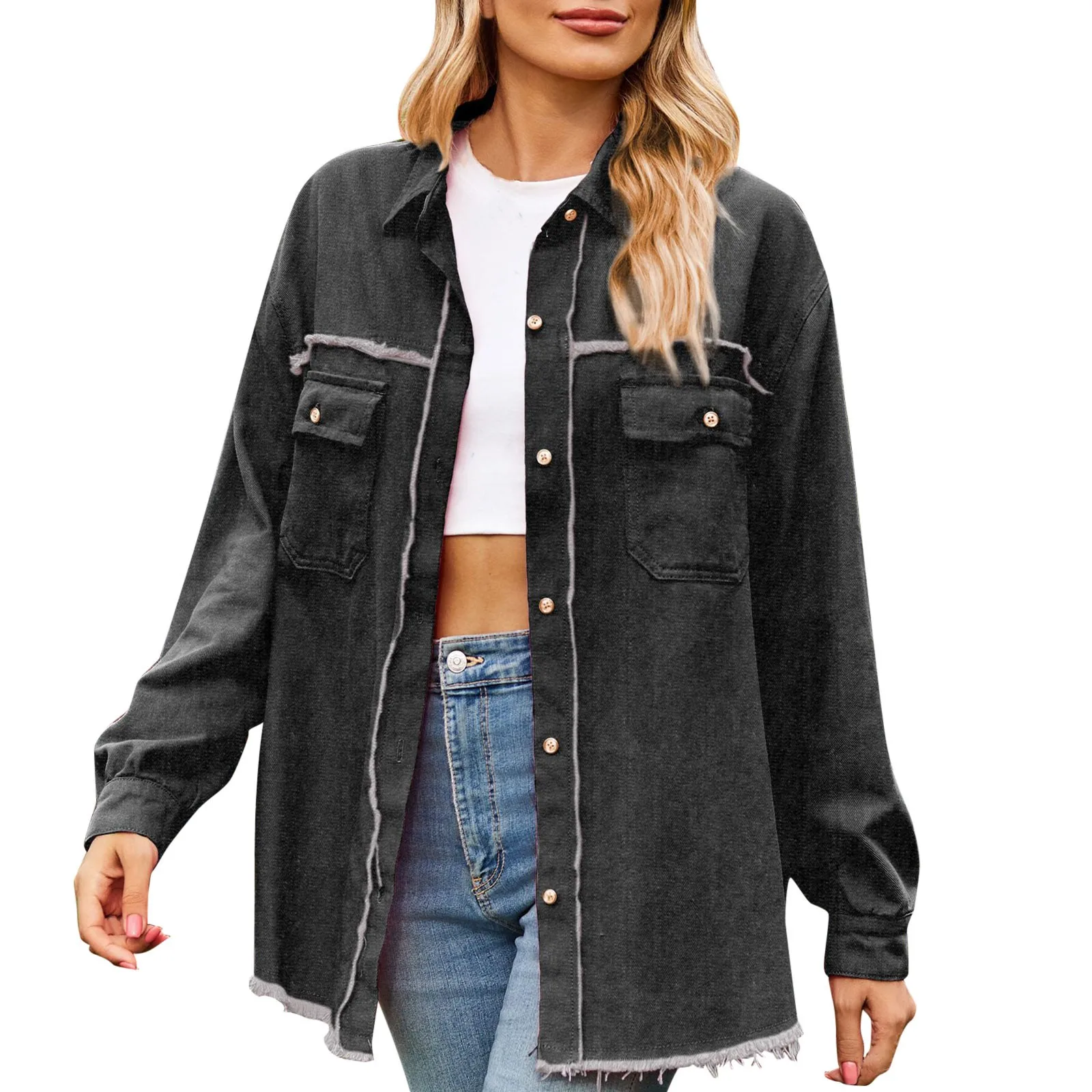 2023 Nieuwe Herfst/Winter Vest Effen Kleur Single Breasted Wasbare Casual Denim Polokraag Shirt Jas Voor Dames Streetwear