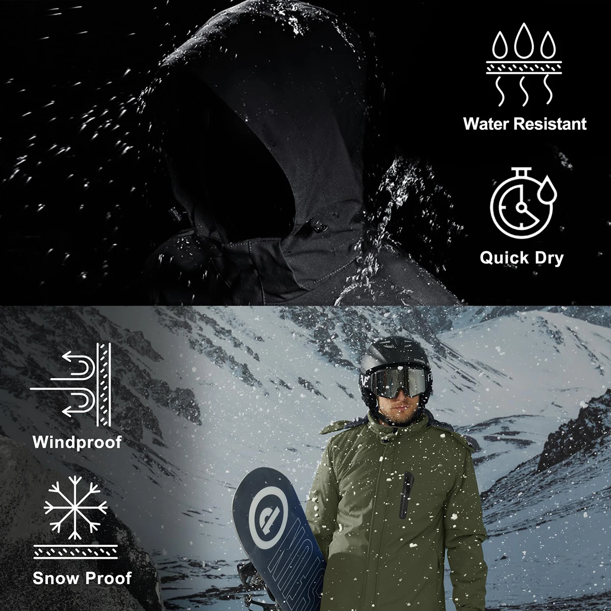 Herren-Winterjacke aus wasserdichtem Fleece, warm, winddicht, mit Kapuze, für Ski, Snowboard, Wandern, Outdoor, Parka-Mantel, mit mehreren Taschen – Detail 6