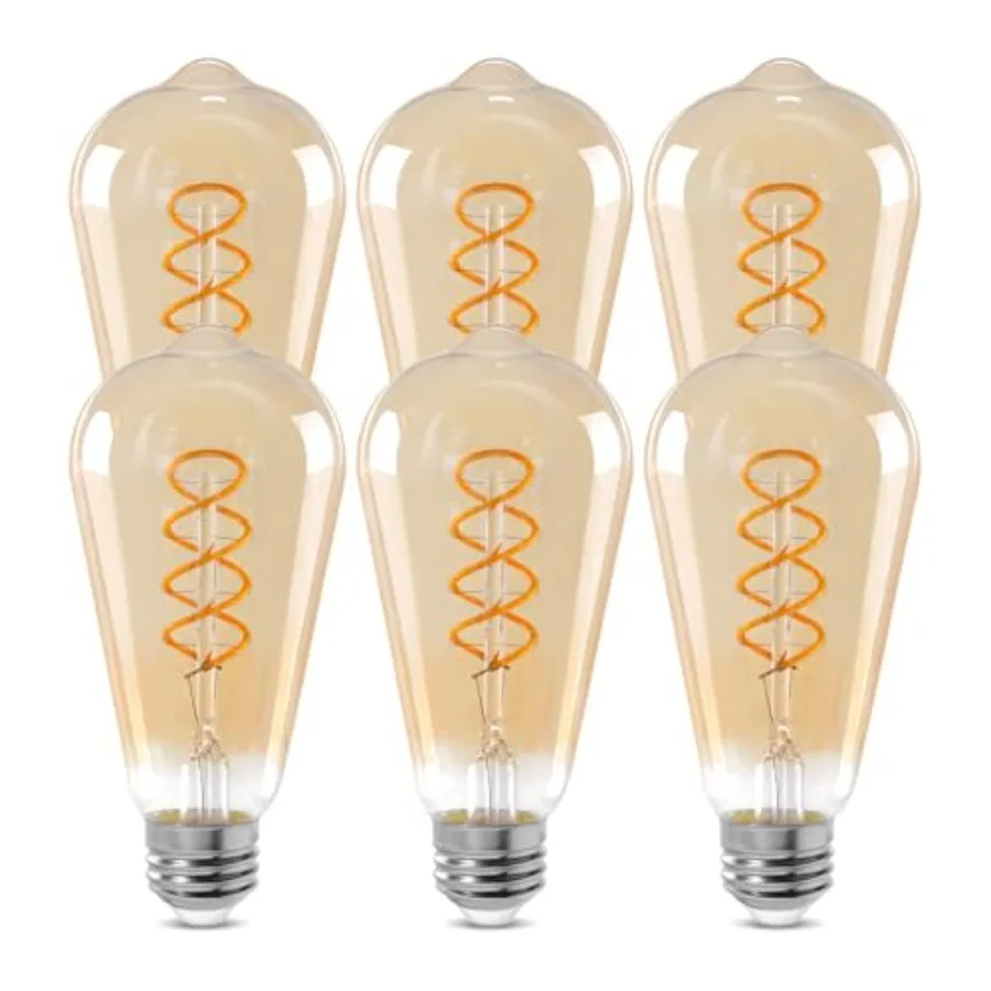 ST64 LED E26 Vintage Edison Light Bulbs, Light Amber Glass, Dimmable, 4W 40W Equivalent 300 Lumens, 2500K Warm White, Spiral Fi