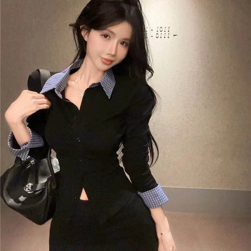 Women's Spicy Girl Color Block Plaid Patchwork Long Sleeve T-Shirt Slim Fit Waist Cinched Ruched Button up Trendy Layering Top