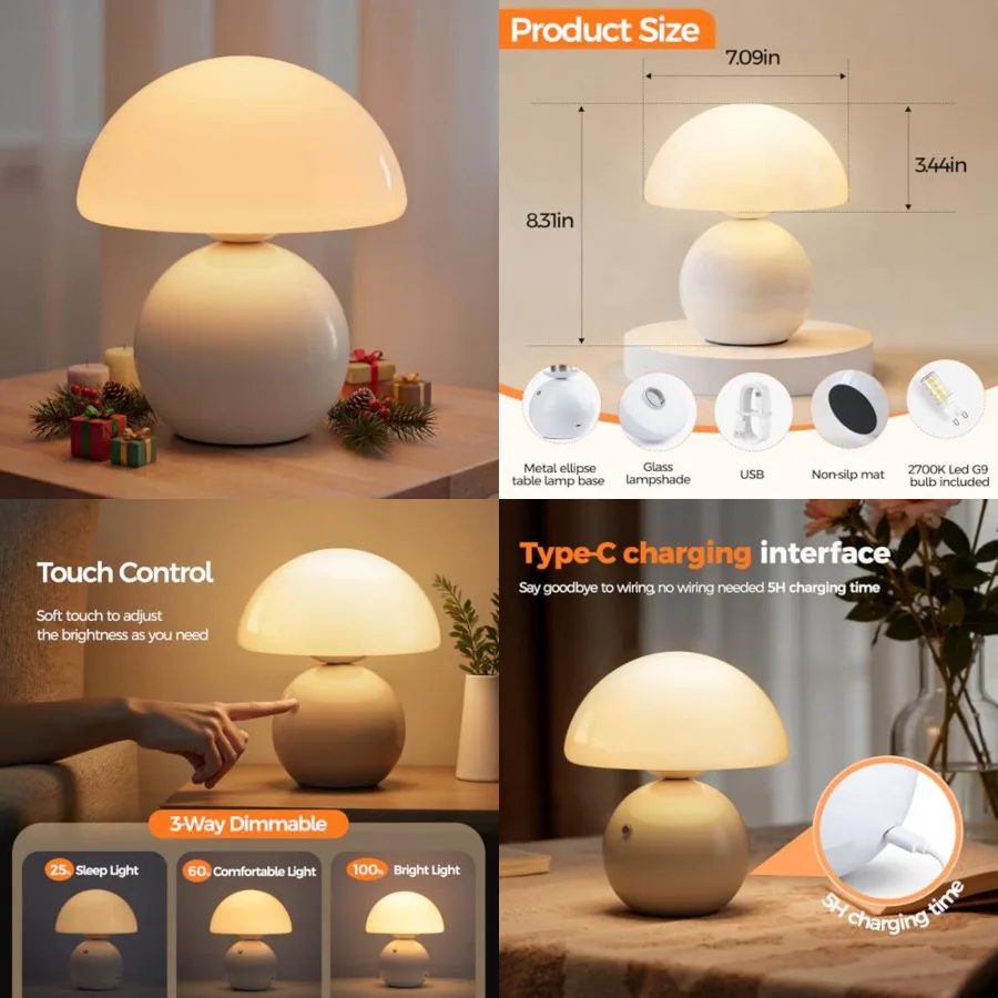 

Wireless Mushroom Lamp, Table Lamp for Bedroom, Portables Cordless Lamps, Wireless lamp, Small Bedside Table Touch Lamps for Li