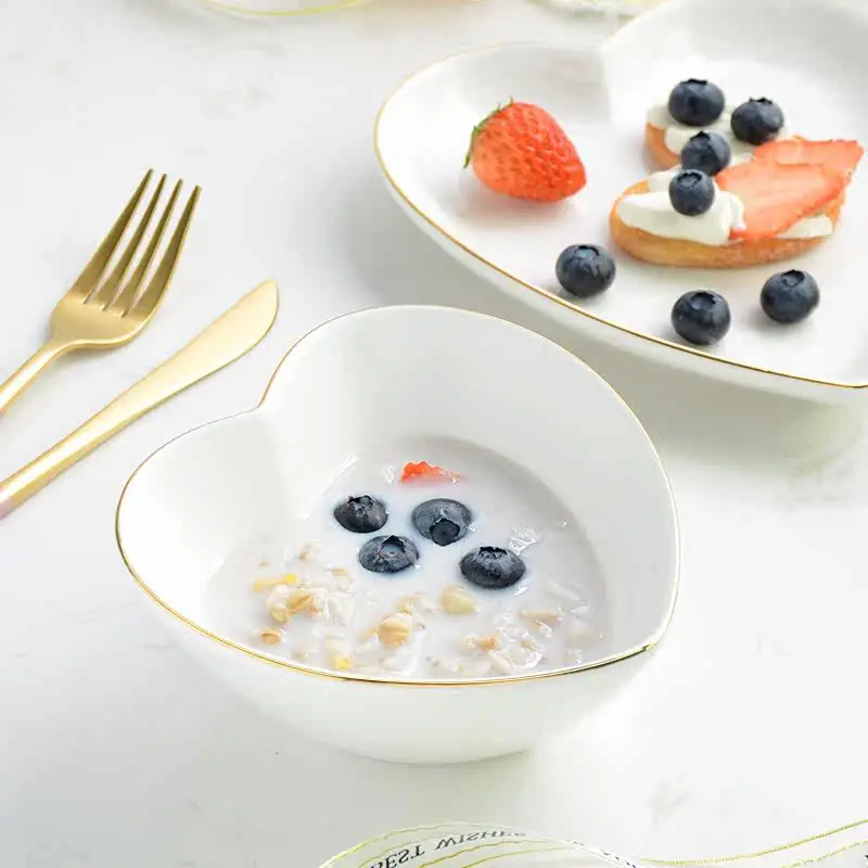 Heart Shape Gold Drawing Ceramic Plates New Household Light Luxury Style Breakfast Dessert Tableware Creative Solid Color Dish