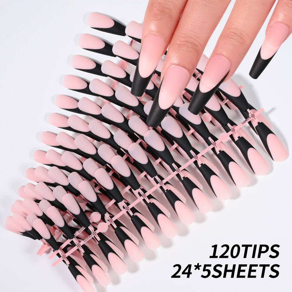 120pcs/5sheet Nude Pink Black Edge French Press on Nails Square Head Full Cover Middle Extensions Fake Nails Fast Gel False Nail