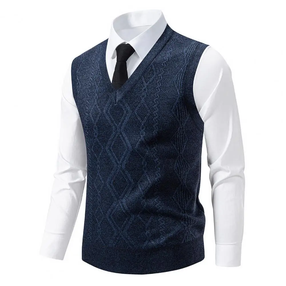 

Shrink-proof Men Vest Stylish Men's V-neck Knitting Vest with Rhombus Texture Sleeveless Autumn Winter Sweater Vest for Men