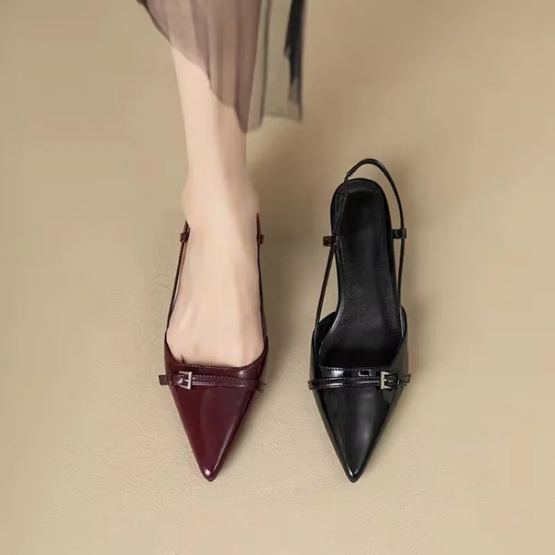 ​​2025 French Pointed Sandals Burgundy Patent Crisscross Straps Metal Decor Slim Heel Open-Back Fairy Sandals image 3