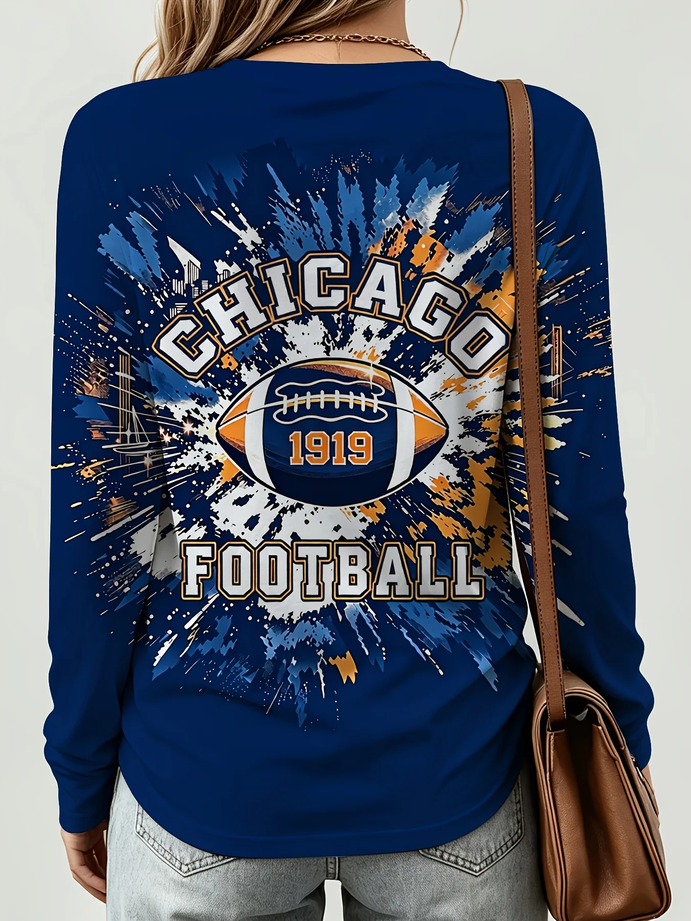 Women's Long Sleeve T-Shirt, Chicago Football 1919 Graphic Print With Splatter Design, All-Winter Holiday Style Top Suitable For Leisure And Sports Scenarios