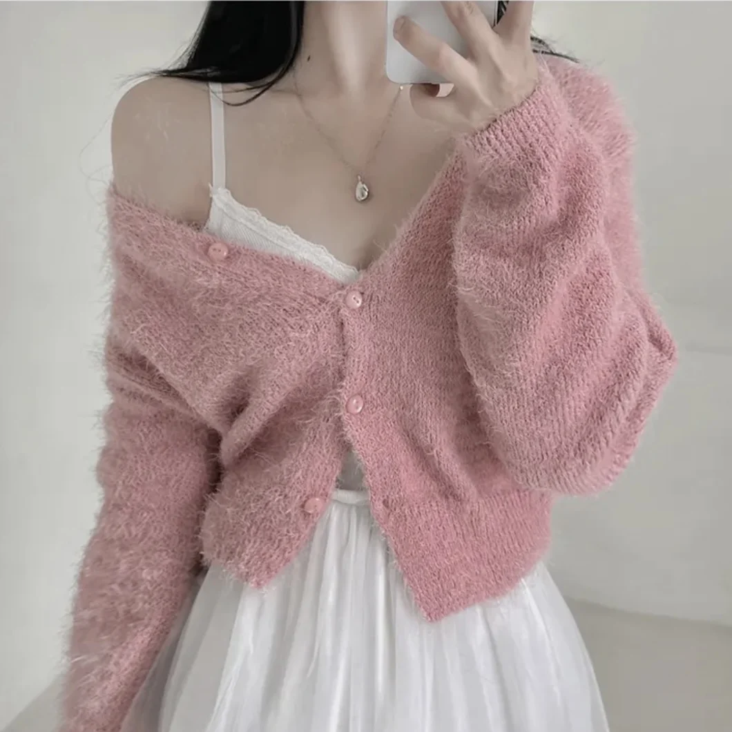 

Korejpaa Autumn Retro Cardigans Women Casual V Neck Solid Slim Waist Knitted Cardigan Sweater Knitwear Gentle Long Sleeve Top