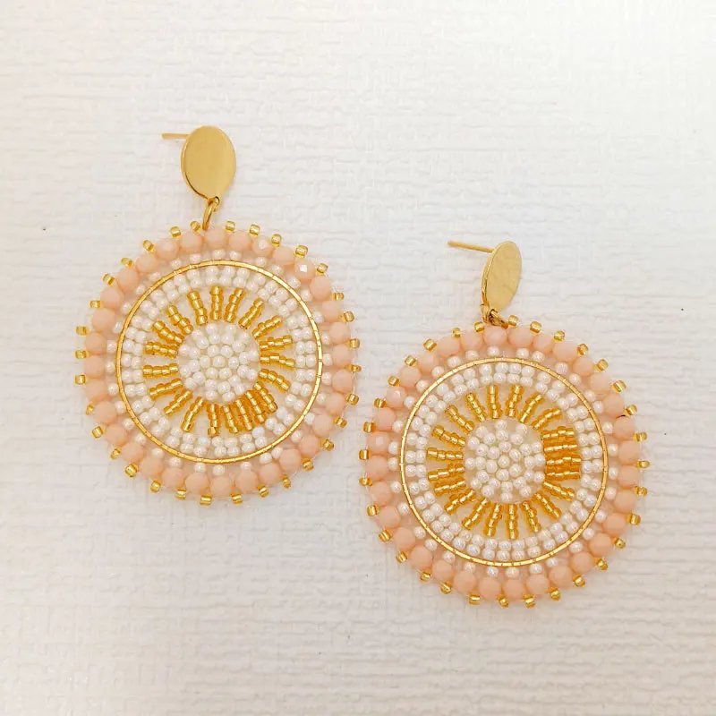 Beaded earrings Sunflower Graph Hollow out Originality Roundness Hand knitting Bohemia Alloy Tide Simple Rice bead earrings