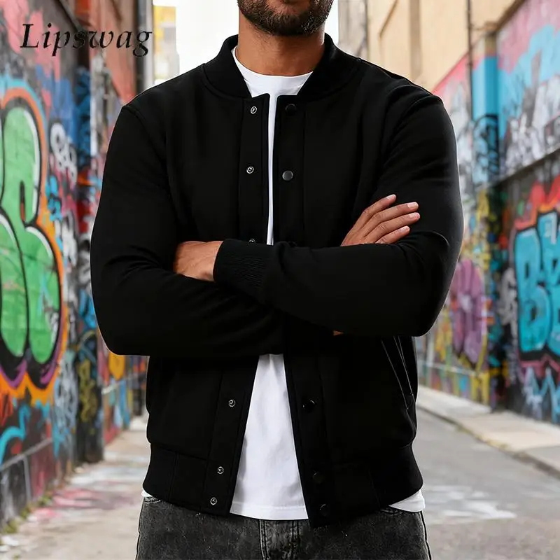 

Уличные повседневные пальто с флисовой подкладкой, мужские стильные верхняя одежда с воротником на пуговицах, осенне-зимняя модная мужская однотонная куртка-бомбер