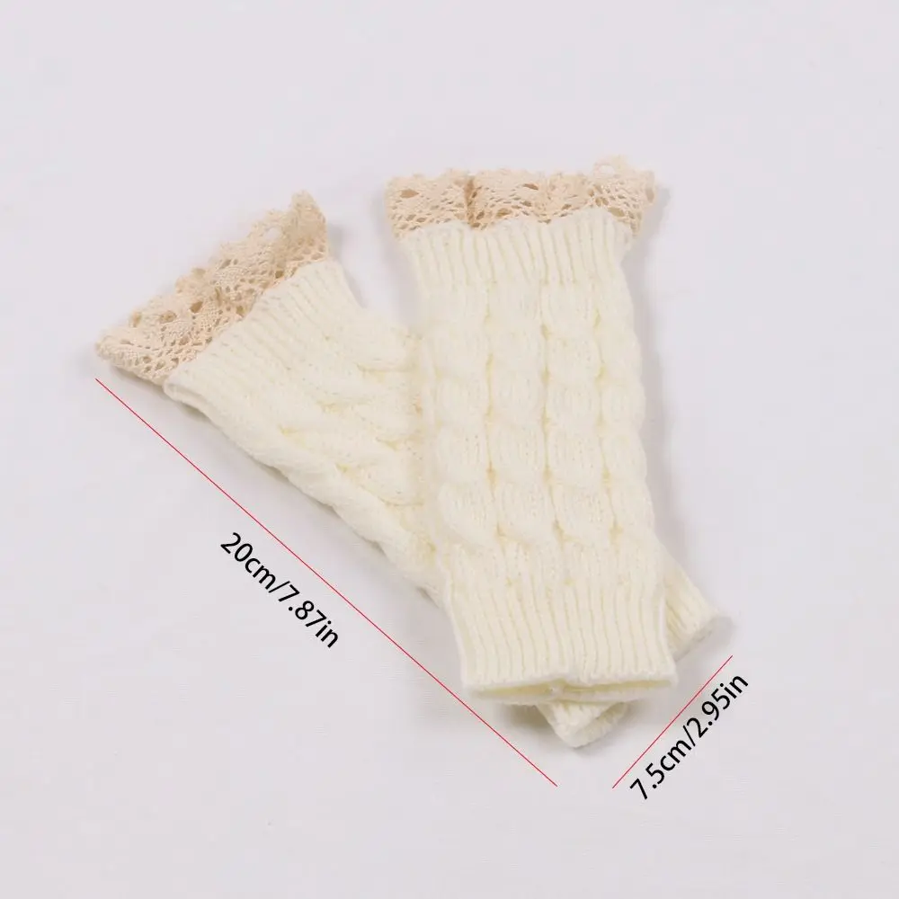 Lace Stitching Half Finger Gloves para mulheres, Luvas sem dedos de lã quente, Aquecedor de pulso curto, Inverno