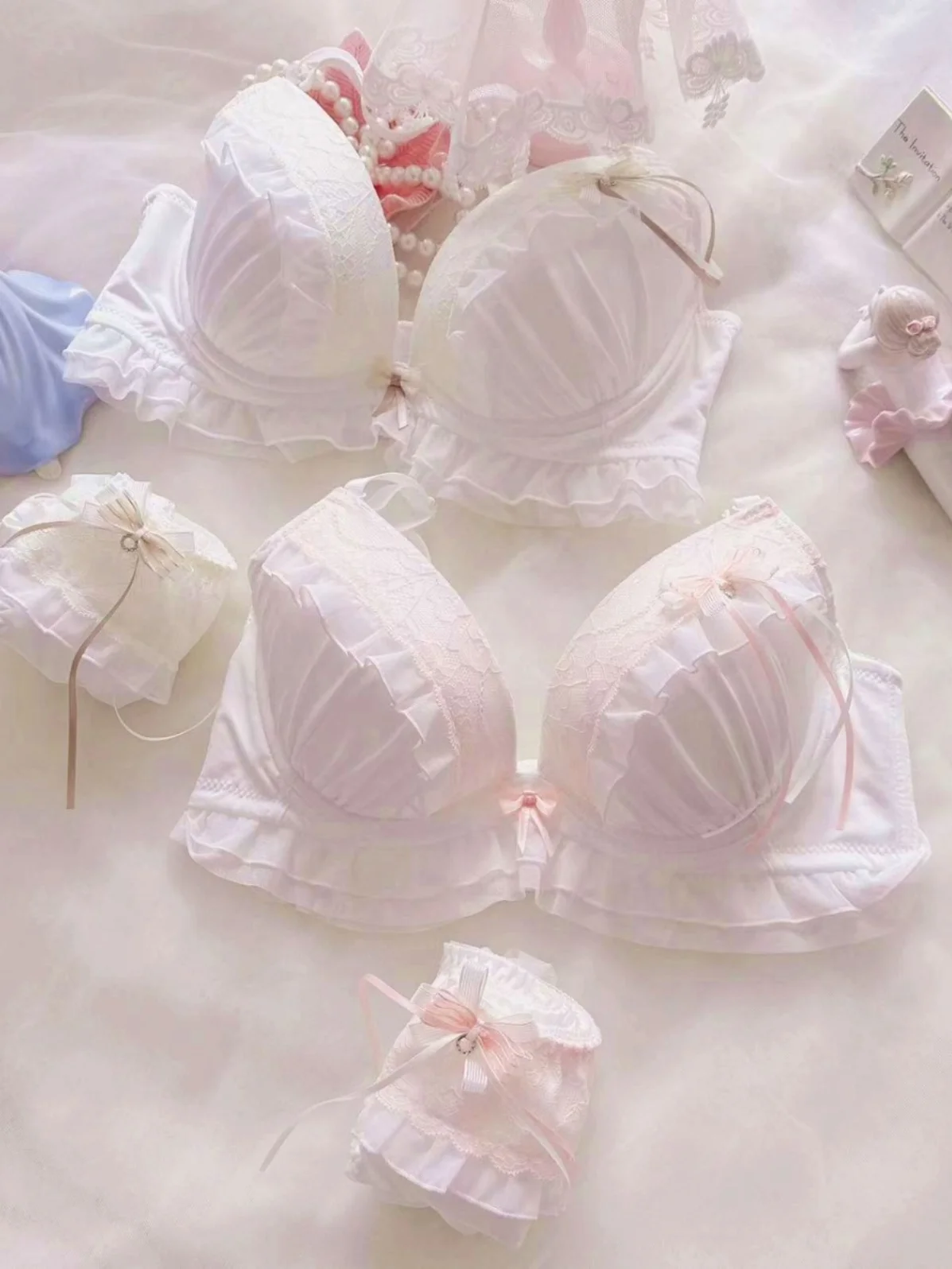Sexy Daily Thin Cup Bra Cute Gathered Student Girl Cotton Lined mid Waist Underwear Set for Young Women U Shape Three Row Buc...