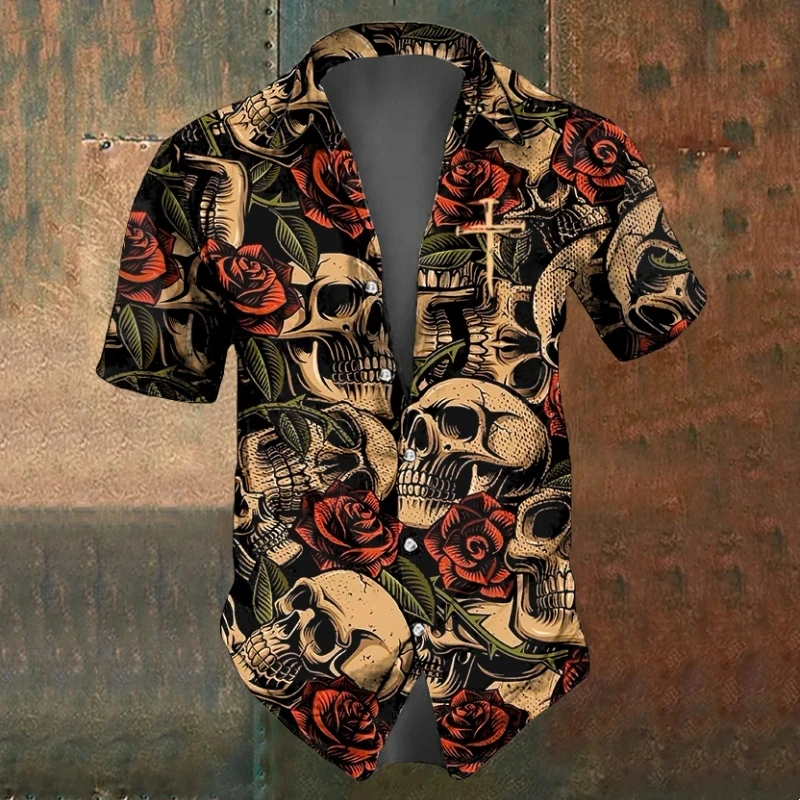 Summer Vintage Skull Graphic Shirts Casual Short Sleeve Shirt For Men Black White Print Men Clothing Loose Oversized Lapel Shirt