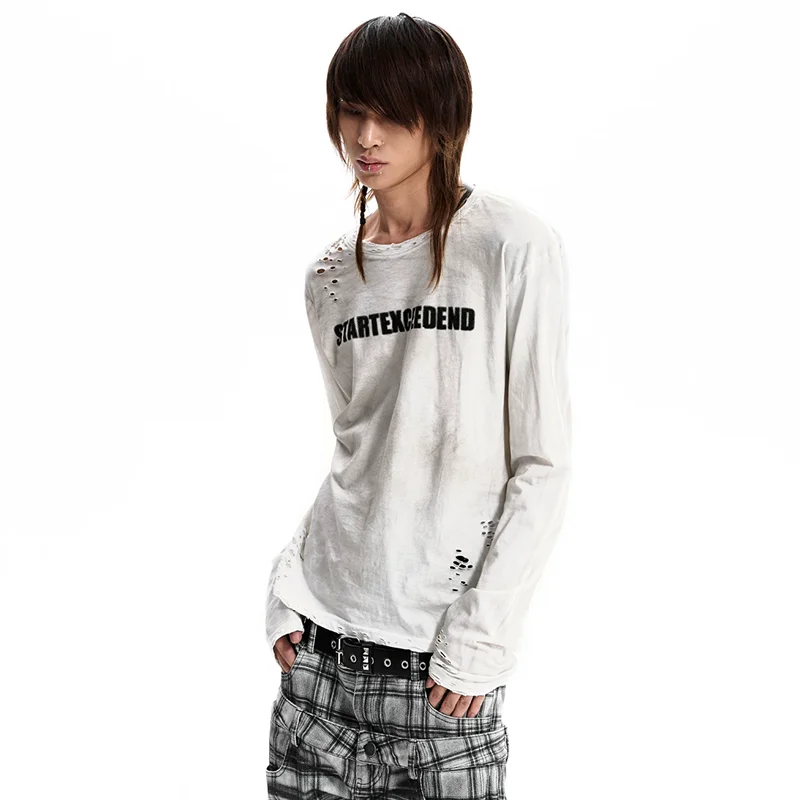 LUZHEN 2026 New Original Broken Hole Wornout Design Long Sleeve T-shirts Men Trendy Handsome Back Printed Round Neck Tops JY8776