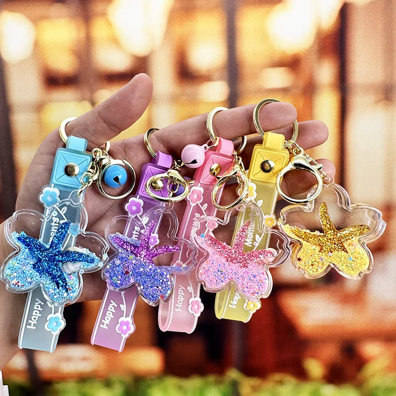 Cherry Blossom Acrylic Keychain with Flowing Liquid Quicksand Oil-Filled Ice Mountain Pendant Cute Cartoon Design Key Chains