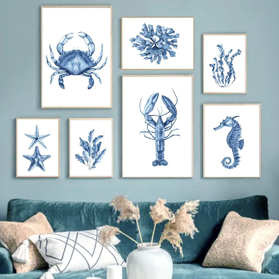 Navy Blue Coral Seaweed Shell Seahorse Lobster Crab Starfish Poster Wall Art Print Canvas Painting Decor Pictures Living Room
