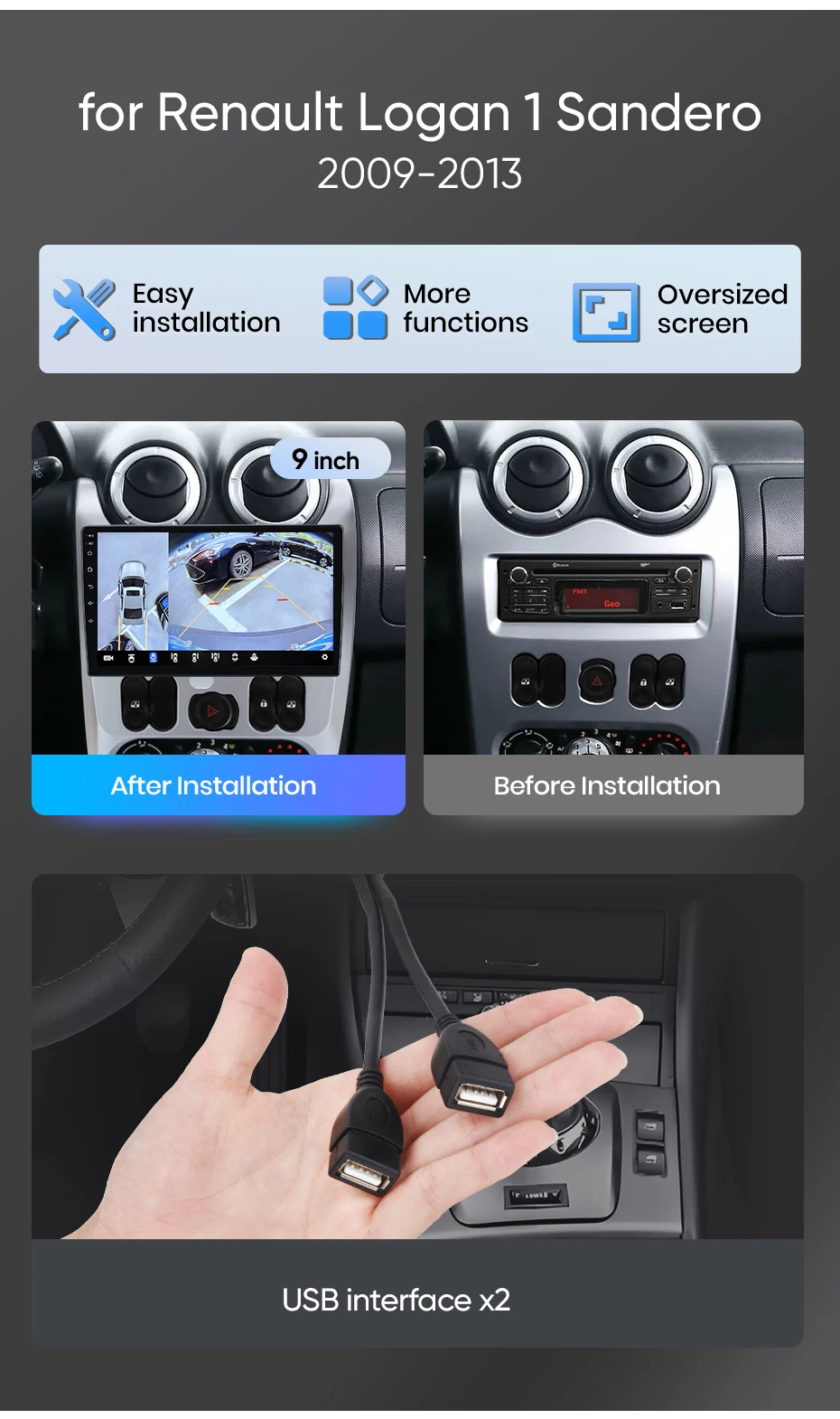 Junsun Autoradio für Renault Logan 1 Sandero 2009 2010-2013 CarPlay Android Auto FM RDS DSP BT GPS Navi SWC HD IPS Touchscreen Plug & Play Multimedia-Player Freisprecheinrichtung Original-Autostil-Haupteinheit – Detail 5