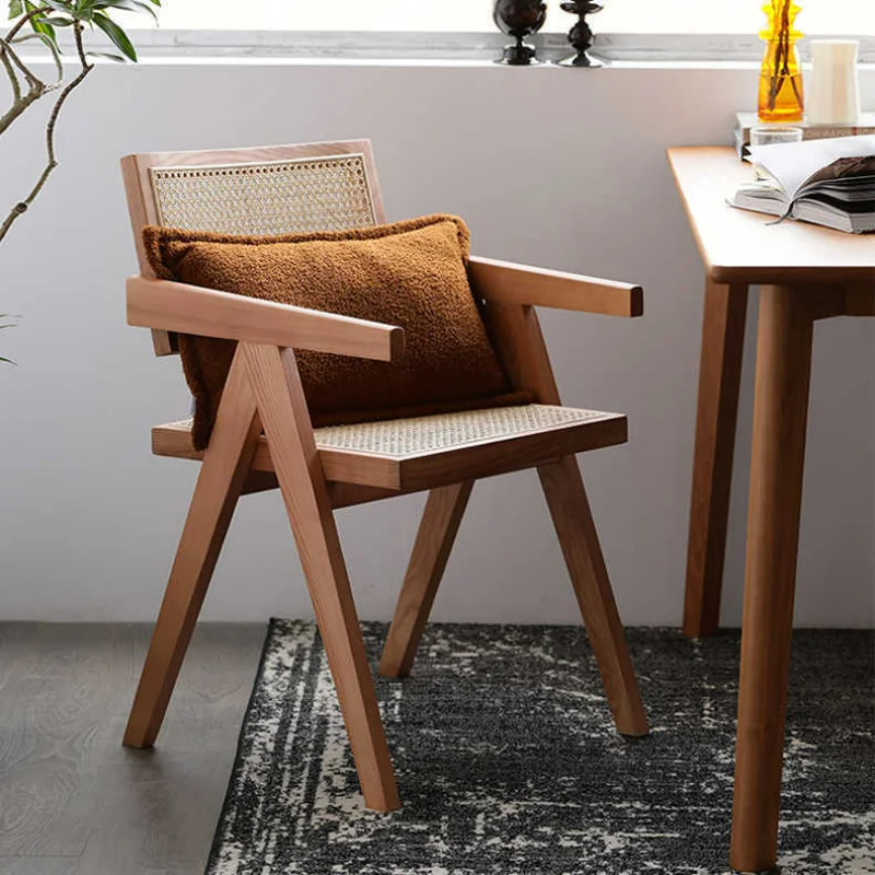 Nordic Solid Wood Dining Chair Rattan Backrest Chair Home Balcony Leisure Small Chair Restaurant Modern Minimalist Negotiation