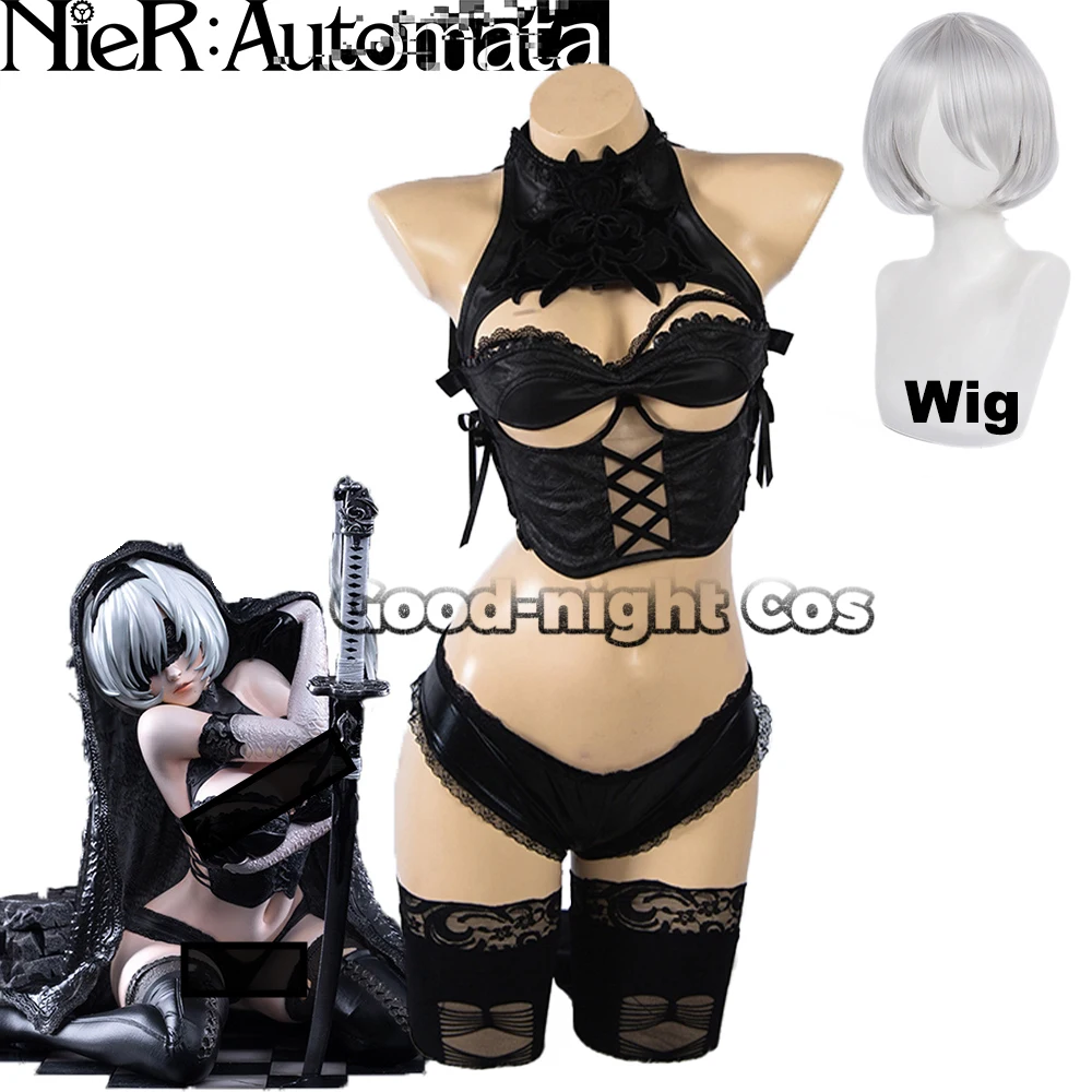 

Game NieR : Automata 2B Cosplay Costume Wig sexy PU Leather Lingeries Black lace Swimsuit Activity Party Role Play girl Clothing