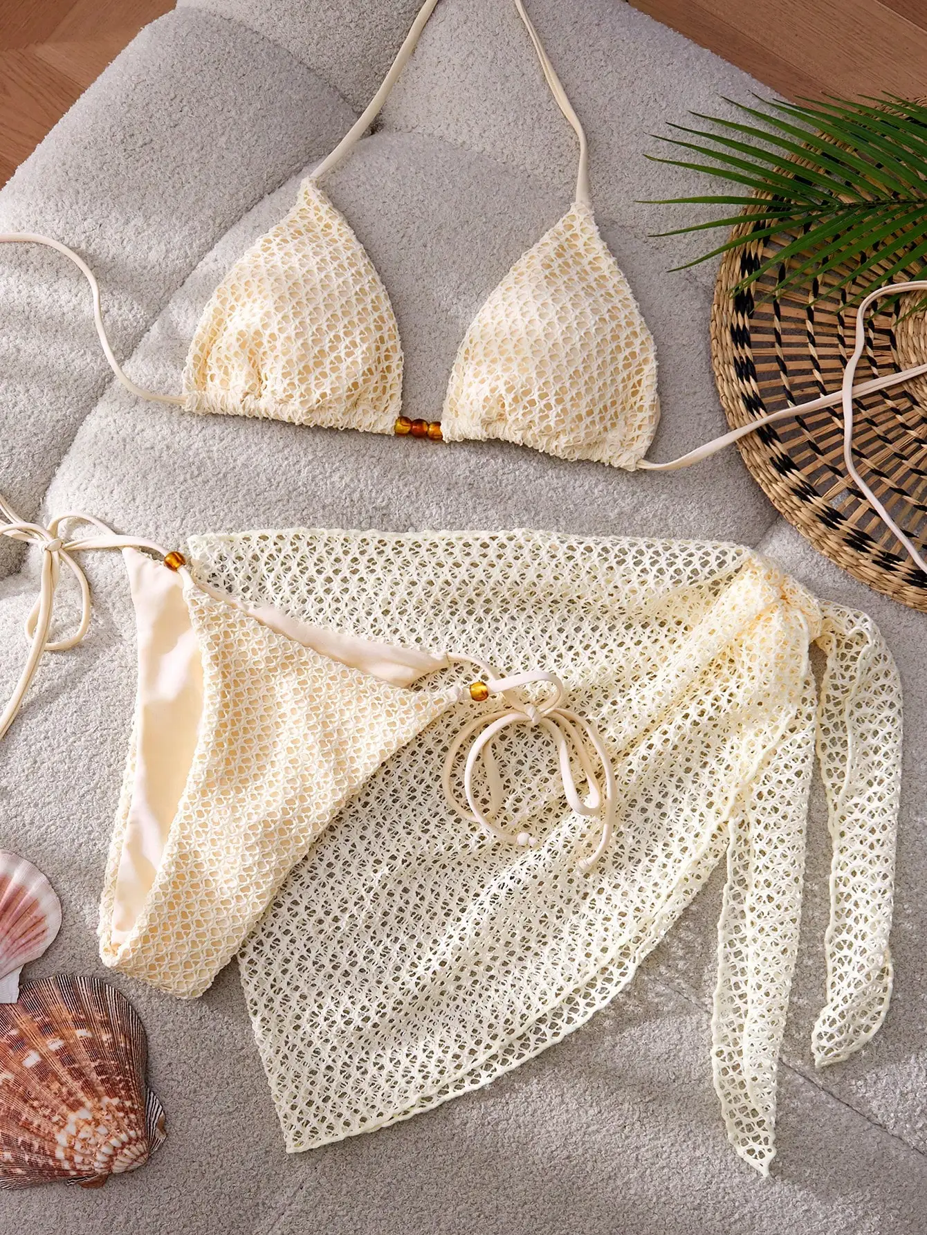 Cream Crochet Halter Triangle Bikini Set With Drawstring