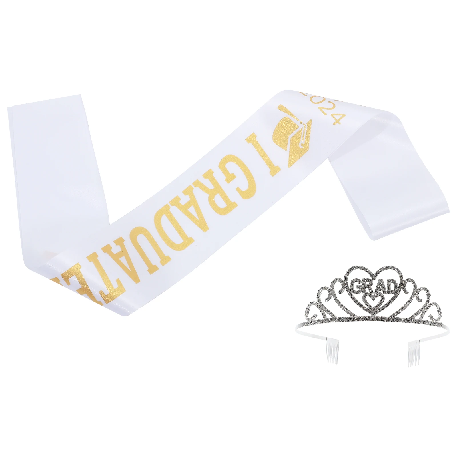 

1 set Silver Strap Women 2024 Graduation Sash Party Crown Rhinestone Tiara Decorations Graduate Tiara Grad Crown Sash Set