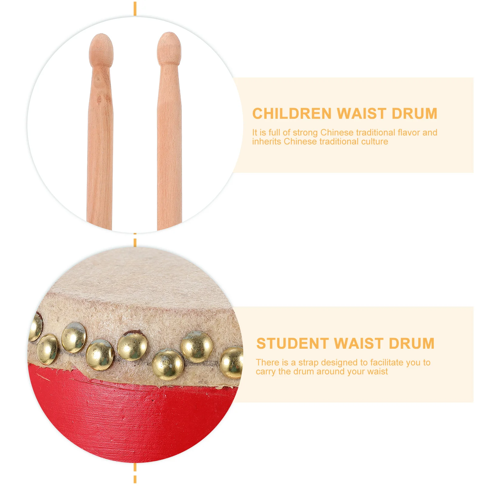 

1Pcs Traditional Chinese Waist Drum Red Pattern Wear-Resistant Cowhide Lightweight Wood Body Portable for