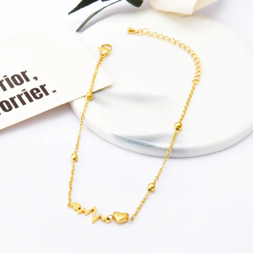 316L Stainless Steel New Fashion High-end Jewelry Beaded Love Heart Heartbeat Shape Charm Chain  Anklet For Women Tobilleras