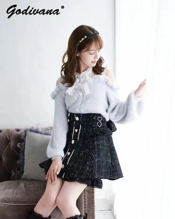 Japanese Liz Lolita Skirt Set New Autumn Winter Mass-produced Cute Bear Pullover Sweater High Waist Tweed Strap Skirt Outfits