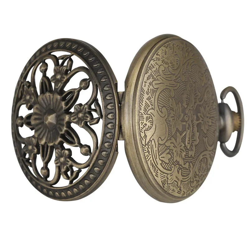 Vintage Style Pocket Watch Half Hunter Flower Heart Shape Case Women Men Quartz Movement Timepiece Necklace Chain Clock Gift