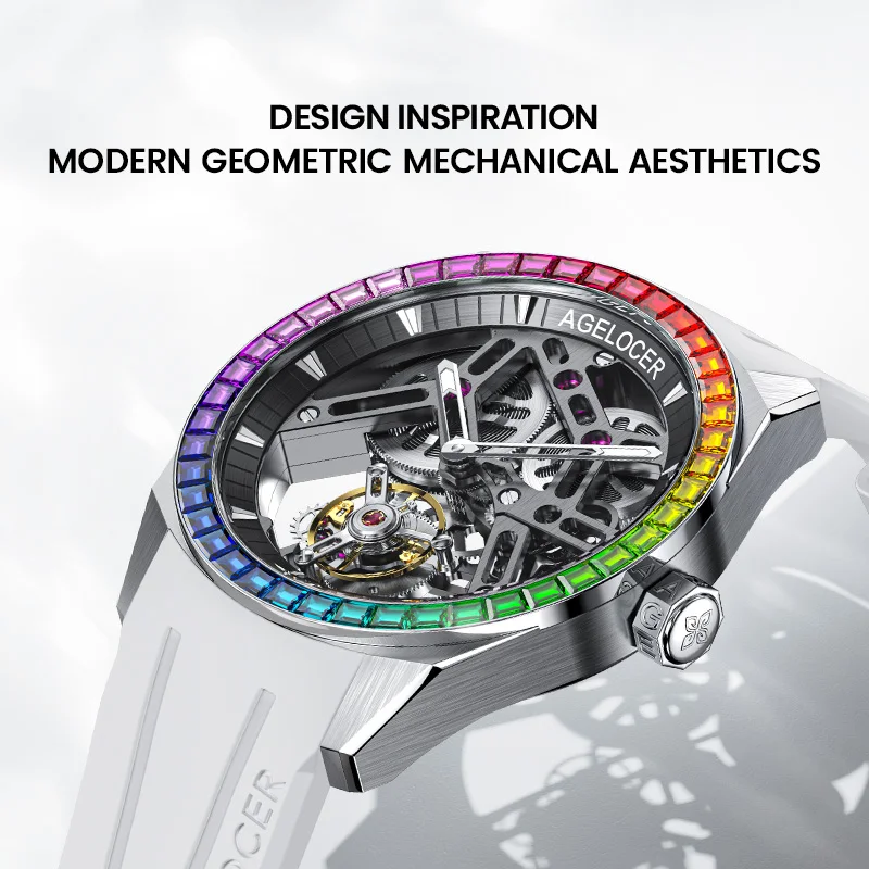 AGELOCER Original Tourbillon Watch Rainbow Bezel Men's Luxury Skeleton Manual Mechanical Watch Birthday Gift for Men