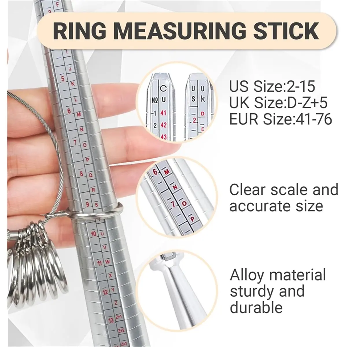 14Pcs Ring Sizer Measuring Tool Kit, RingSizing Mandrel, Ring Sizes Belt, Wiping Cloth, , Etc.
