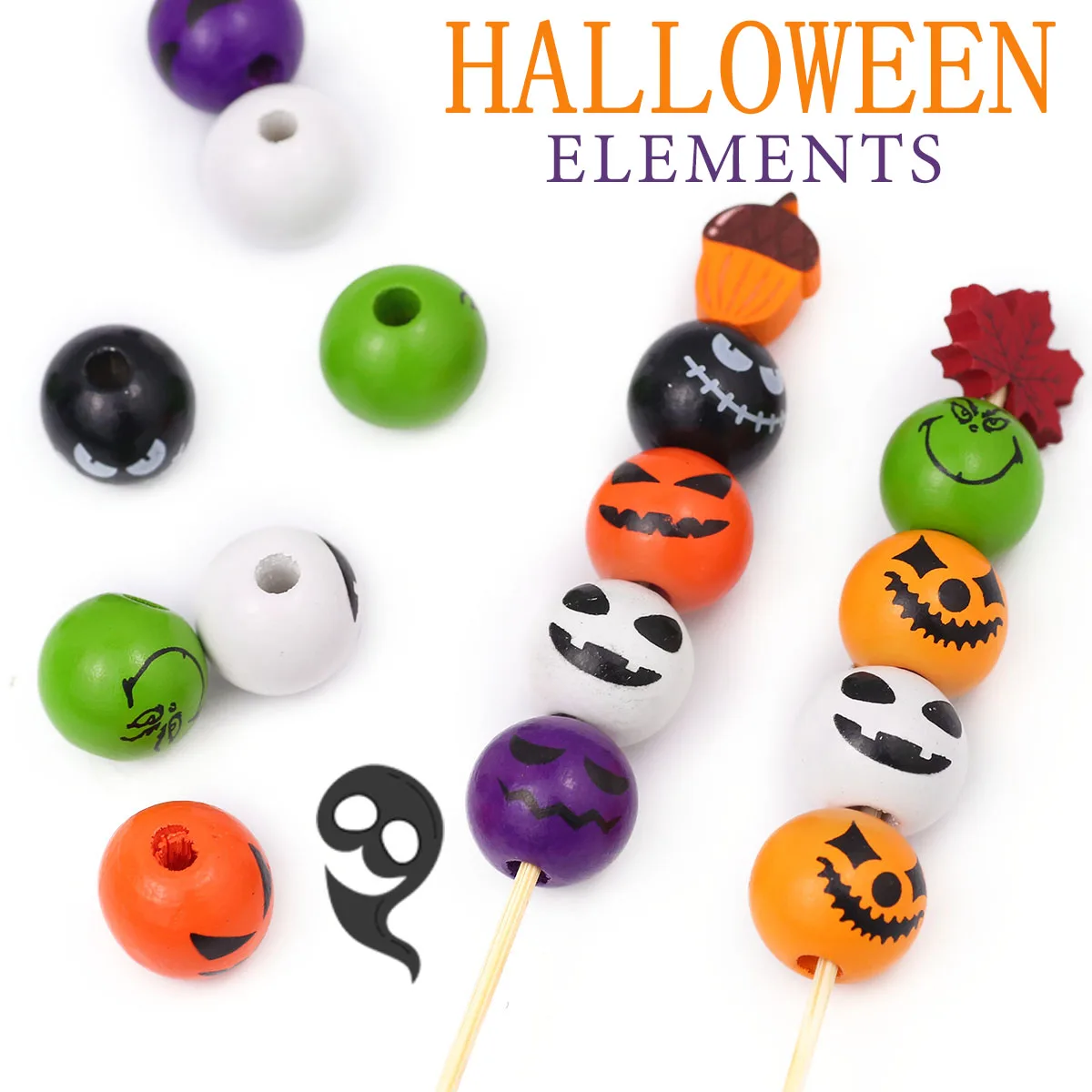 WLYeeS 16mm 10pcs Black Background Halloween Grimace Wood Beads For Bracelets Beading Making DIY Jewelry Accessories Finding