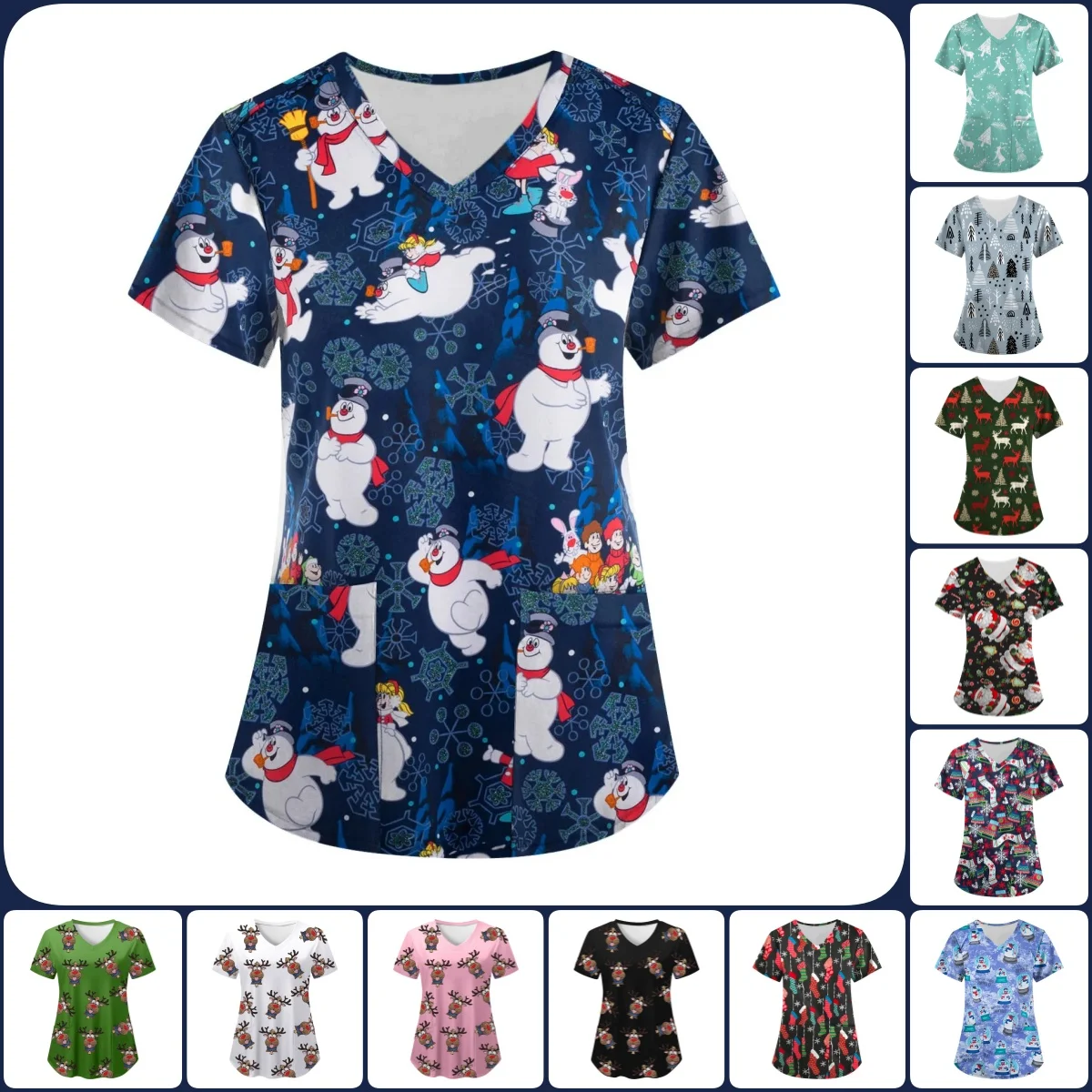 Christmas Medical Women's Uniform Cute Snowman Curable Nurse Tops Moose Printed V-Neck Short Sleeve Tee Women's Hospital Uniform