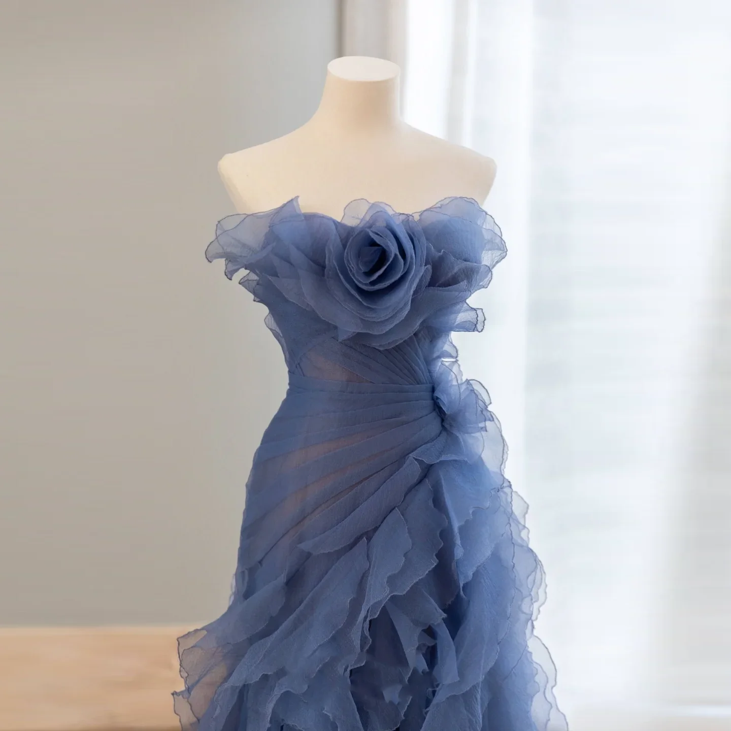 Floral Blue Prom Gowns A Line Pleated Ruffle Lush Maxi Dress Tulle Custom Made Elegant Soft Tulle Prom Gown Long Sweetheart