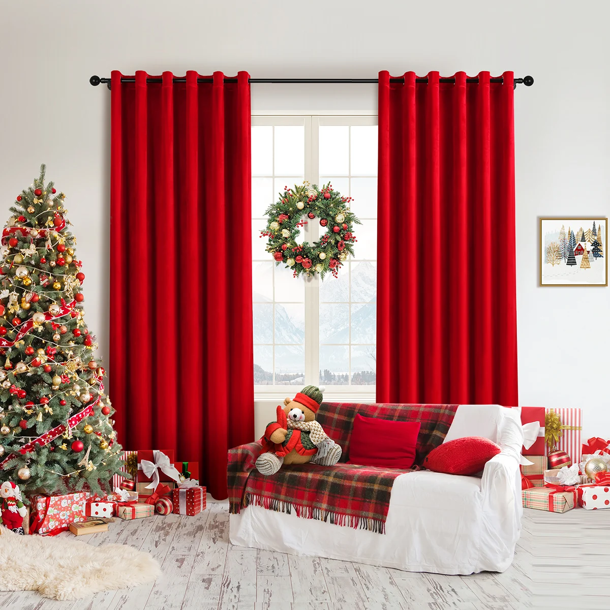 1pc European Luxury Style Pure Color Curtain，Velvet Fabric Red Cloth Curtain for Living Room Christmas Festival Decor，Grommet