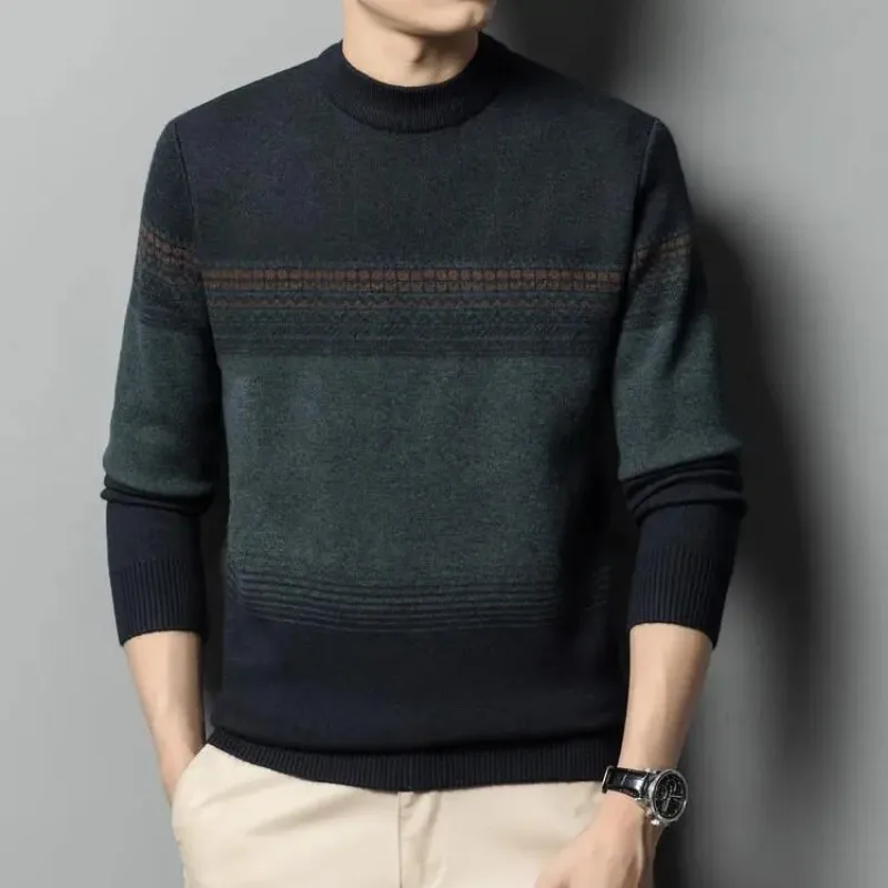 Autumn Winter Half Turtleneck Cardigan Middle-aged Men Thickened Warm Sweater Striped Knitted Round Neck Bottoming
