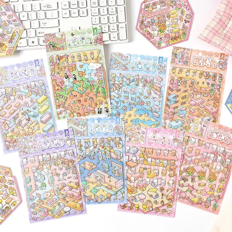 DIY Decor Micro Sweet Cartoon Scene Sticker Cute Creative Design Zoo Landscape Sticker 3D Stacking Sticker Student Supplies
