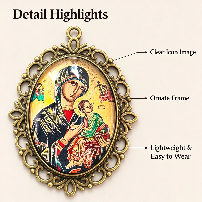 5Pcs Vintage Our Lady of Perpetual Help Oval Charms Antique Bronze Openwork Glass Cabochon Pendants, Byzantine Orthodox Icon DIY